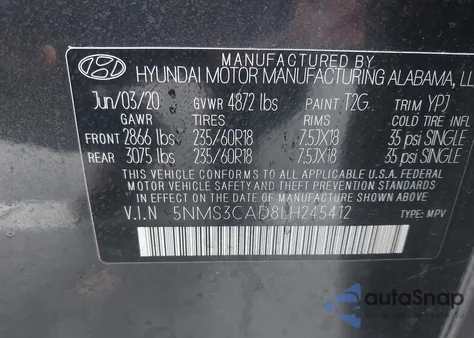2020 Hyundai Santa Fe Sel from USA, damaged, VIN 5NMS3CAD8LH245412